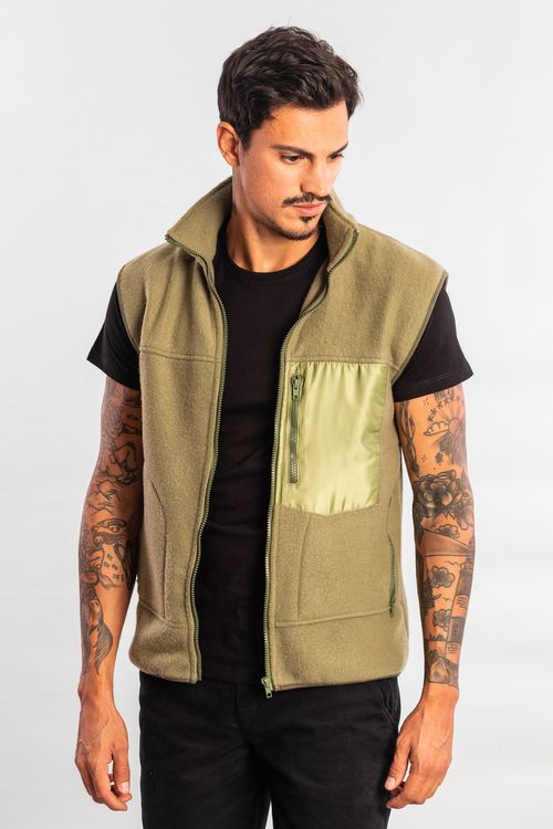 Colete Felpa Liso Detalhe em Nylon W24- Verde Musgo
