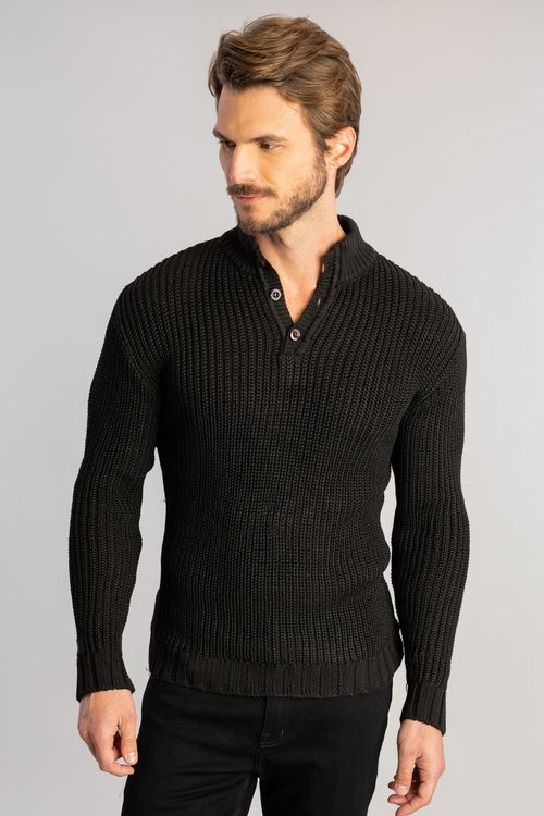 Tricot Resinado Gola Botão W25 - Preto