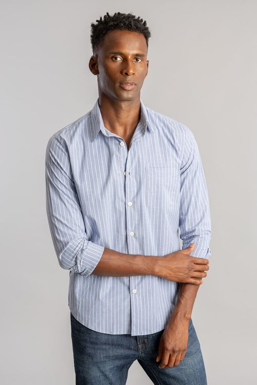 Camisa Com Bolso Listrada Elastano S26 - Azul Índigo