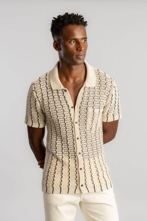 Camisa Tricot Zig Zag Com Bolso S26 - Areia